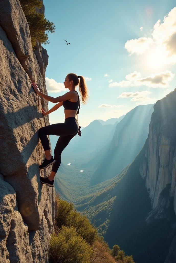 Beautiful woman rock climbing wearing tight sportswear with a view of her sexy butt. 