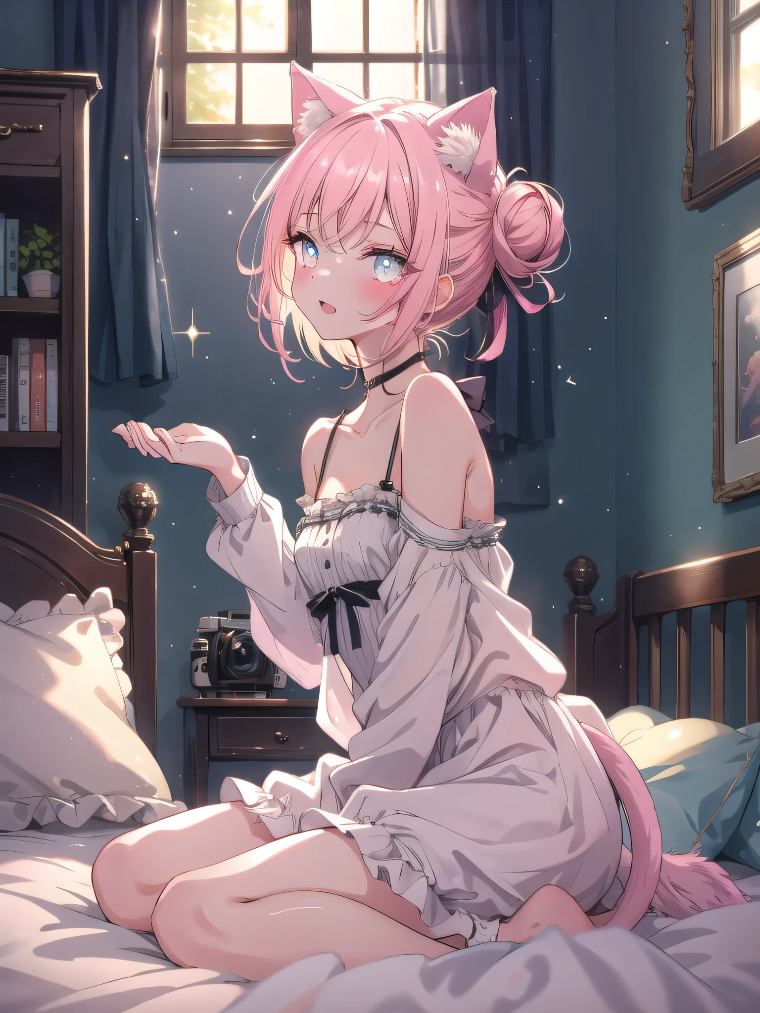 ((8k, Highest quality, masterpiece: 1.3)),Ultra-high resolution,(1 girl, alone), (Color changing eyes, Ultra-detailed, Expressive brilliance, Glitter, Glowing Eyes), Highly detailed eyes, Highly detailed face, Random Hair, ((pastel colour)),A playful young woman with pastel pink hair styled into a messy bun, sitting on the edge of her bed in her softly lit bedroom during a bright afternoon. She is dressed in a simple yet subtly sexy catgirl cosplay, wearing a soft, form-fitting black top with matching cat ears and a tail. The camera captures her from a low angle as she playfully winks at the camera, her expression full of mischief and charm. The room is filled with warm sunlight, with a few scattered cushions, a small scratching post by the bed, and a cozy, feline-themed atmosphere, creating a fun and lively environment.