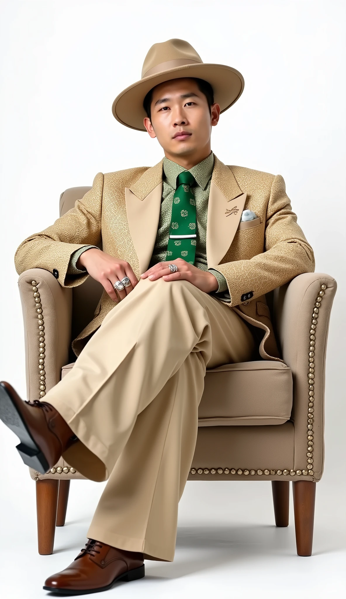 korean man wearing beige suit with lot of arabic patterns ,((full body)),oversize classic pants ,(( green tie ,suit design inspired by arabic clothes tale)), hat , rings , leather bag, Poster ad ,long shot , sitting on sofa chair, cross legs ,photoshotting ,white background