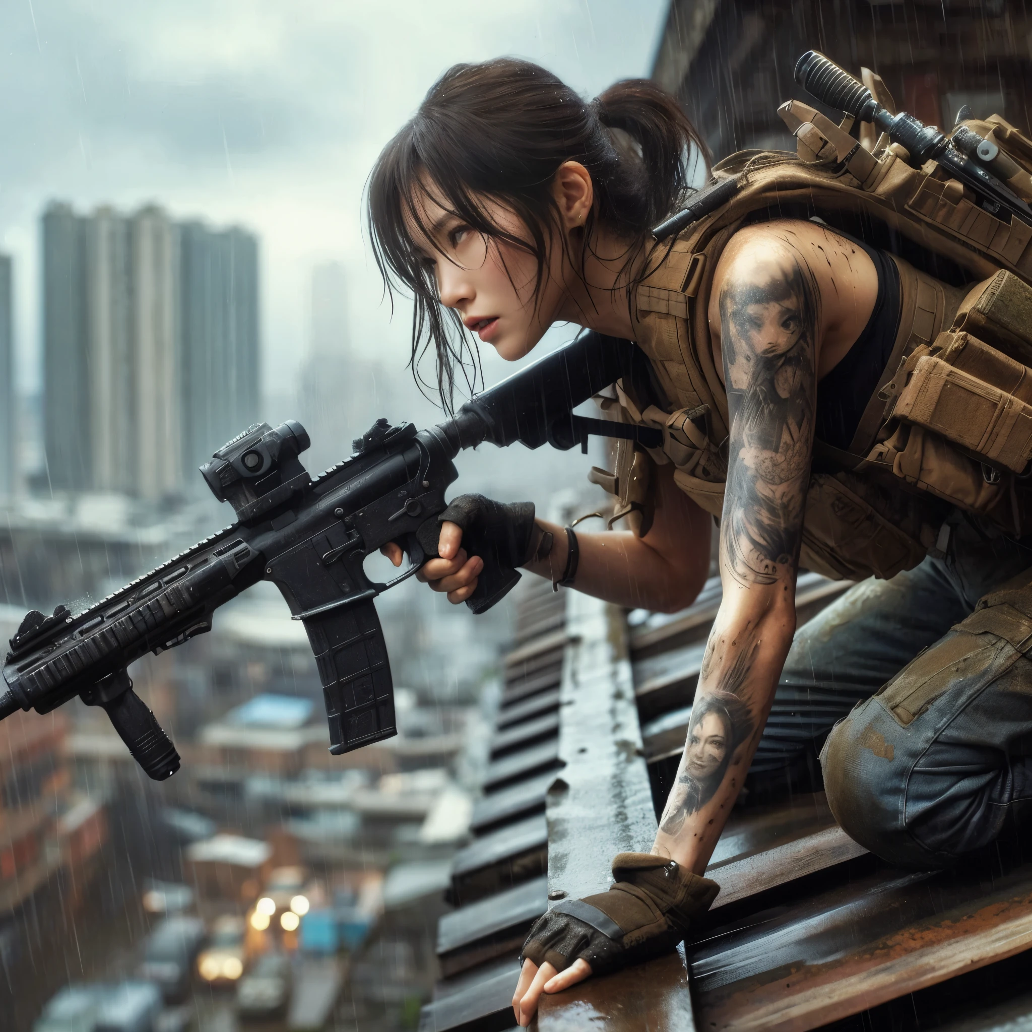 8k,Realistic Photo、Realistic Skin Texture、Superrealism、Japanese women in the U.S. military、Tattoo、Beauty、American cityscape、Jump from the roof of an old building to the roof of the next building、Automatic rifle、Heavy equipment、after the rain、Covered in scars、It is dirty、muscle、The background is out of focus、While avoiding gunfire、Desperate look、Dramatic composition、action、Fierce Battle、Ace