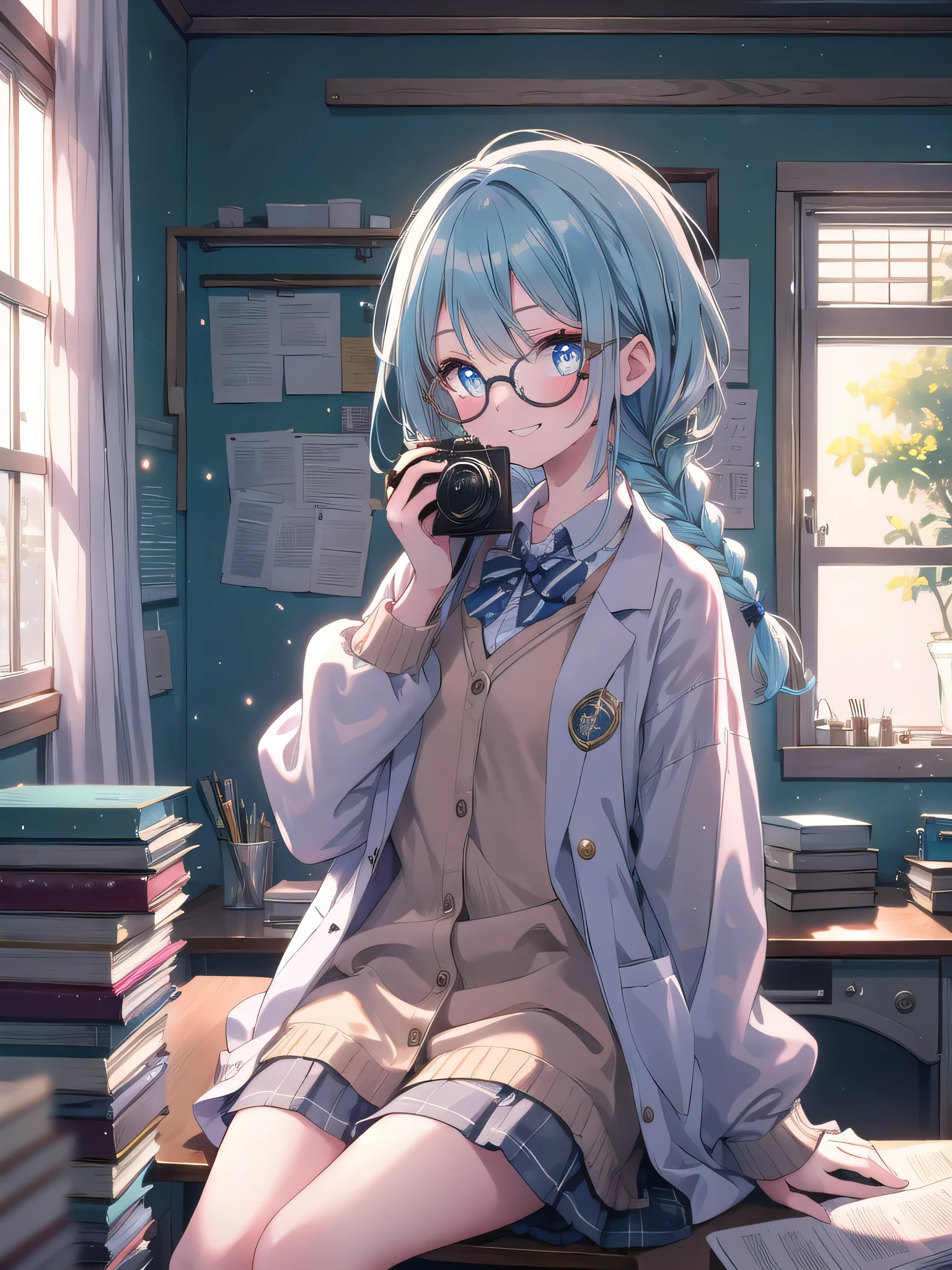 ((8k, Highest quality, masterpiece: 1.3)),Ultra-high resolution,(1 girl, alone), (Color changing eyes, Ultra-detailed, Expressive brilliance, Glitter, Glowing Eyes), Highly detailed eyes, Highly detailed face, Random Hair, ((pastel colour)),A playful young woman with pastel blue hair styled into a loose braid, sitting at her desk in her brightly lit bedroom during a sunny afternoon. She is dressed in a simple yet subtly sexy scientist cosplay, wearing a lab coat over a fitted shirt and a pair of glasses perched on her nose. The camera captures her from an overhead angle as she grins while examining a small test tube, her expression full of curiosity and joy. The room is bathed in natural light, with a few scientific instruments scattered on the desk, a small chalkboard with equations, and a lively, academic atmosphere.