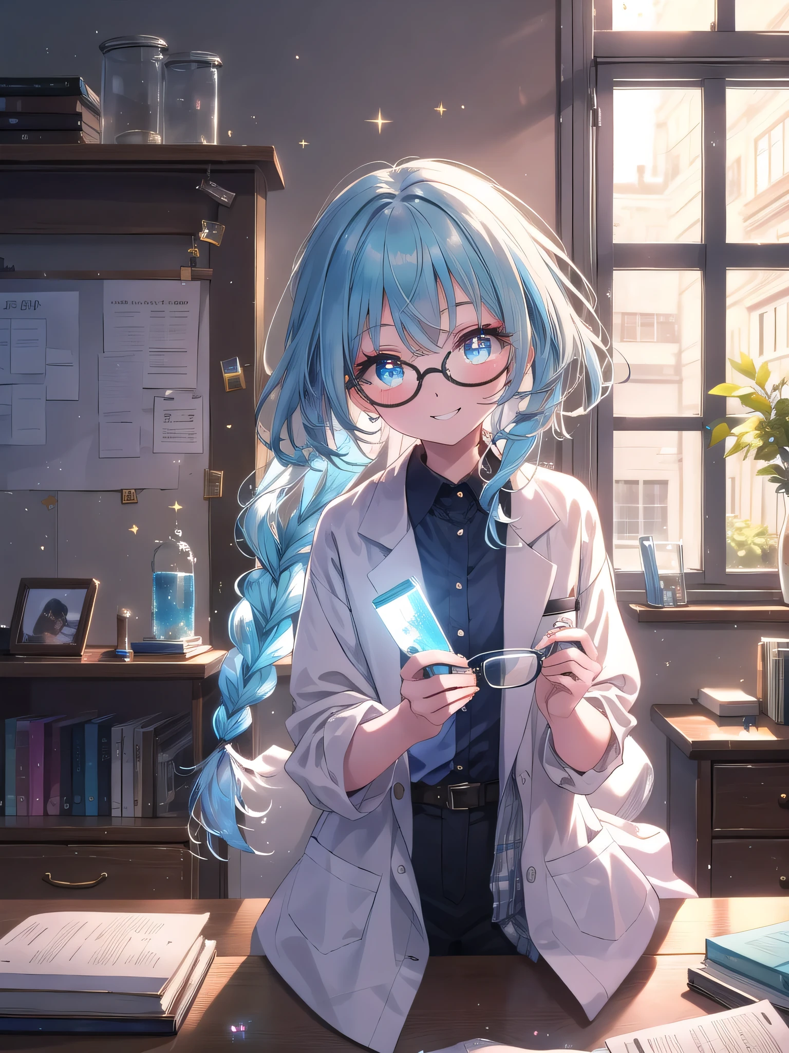 ((8k, Highest quality, masterpiece: 1.3)),Ultra-high resolution,(1 girl, alone), (Color changing eyes, Ultra-detailed, Expressive brilliance, Glitter, Glowing Eyes), Highly detailed eyes, Highly detailed face, Random Hair, ((pastel colour)),A playful young woman with pastel blue hair styled into a loose braid, sitting at her desk in her brightly lit bedroom during a sunny afternoon. She is dressed in a simple yet subtly sexy scientist cosplay, wearing a lab coat over a fitted shirt and a pair of glasses perched on her nose. The camera captures her from an overhead angle as she grins while examining a small test tube, her expression full of curiosity and joy. The room is bathed in natural light, with a few scientific instruments scattered on the desk, a small chalkboard with equations, and a lively, academic atmosphere.
