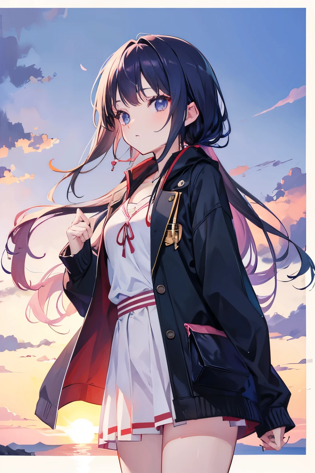 Anime girl, in her 20's, sunset background, stylish clothes