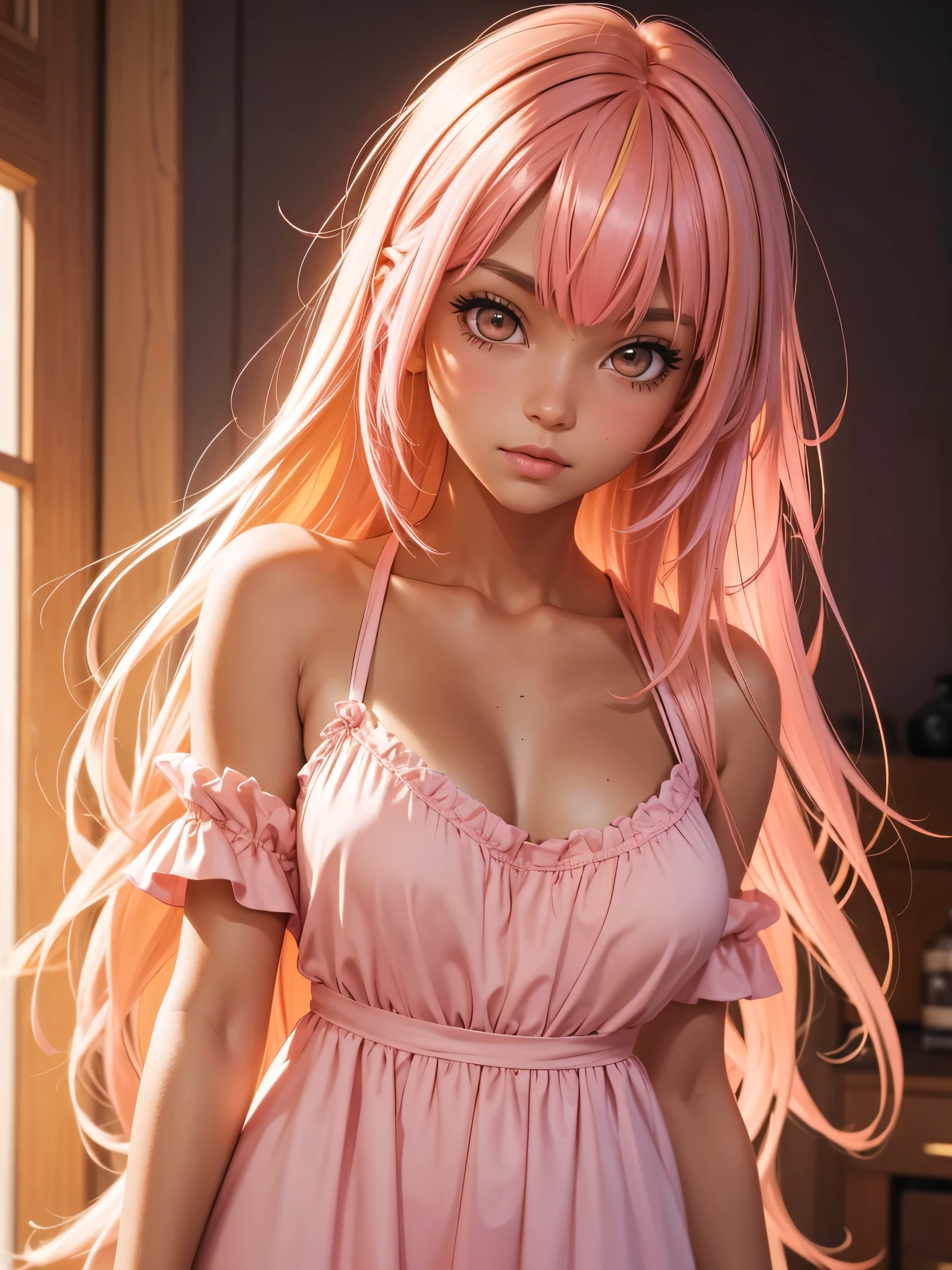 (best quality), 1girl, Female, tanned skin, pink hair, yellow streaked hair, long hair, asymmetrical bangs, brown eyes, perfect eyes, normal bust, Nightgown, masterpiece, anatomically correct, highres
