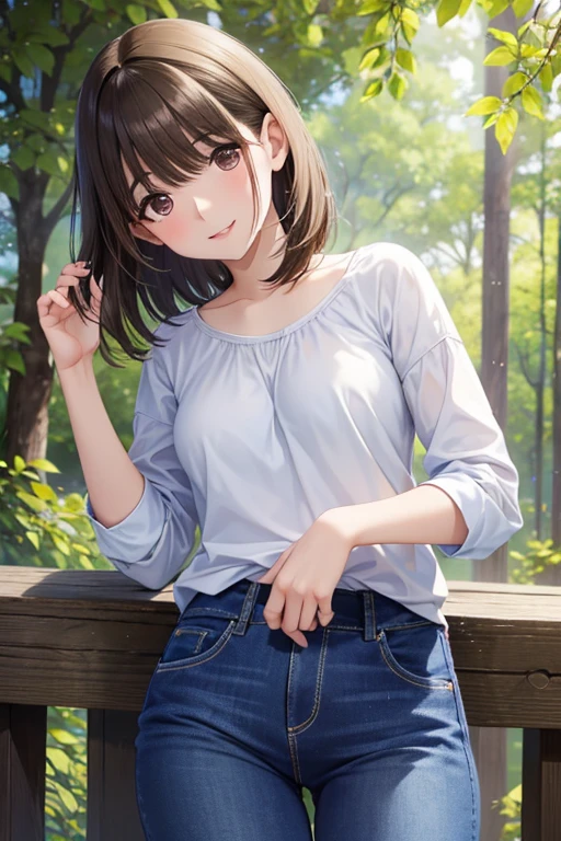 (((round face))), drooping eyes, shame, a young housewife, (ecstasy face, lewd girl, casual clothes, mesh panties), (standing and straddling to hit her crotch area from over clothes against a vibrating grass trimmer handle, tongue), in the garden, trees, sky, angle from below, sneakers, buildings,