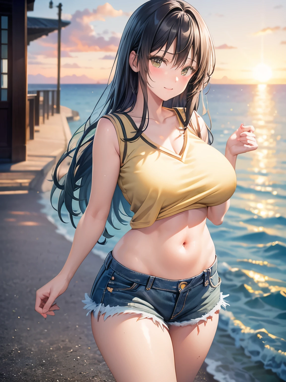 Damaged Denim Shorts　green、Black　Pantyhose、Aloha Shirt、Big Breasts、Beautiful feet、smile、Black Hair　long hair、Sunset　Seaside town、Are standing、Belly button　Firm stomach