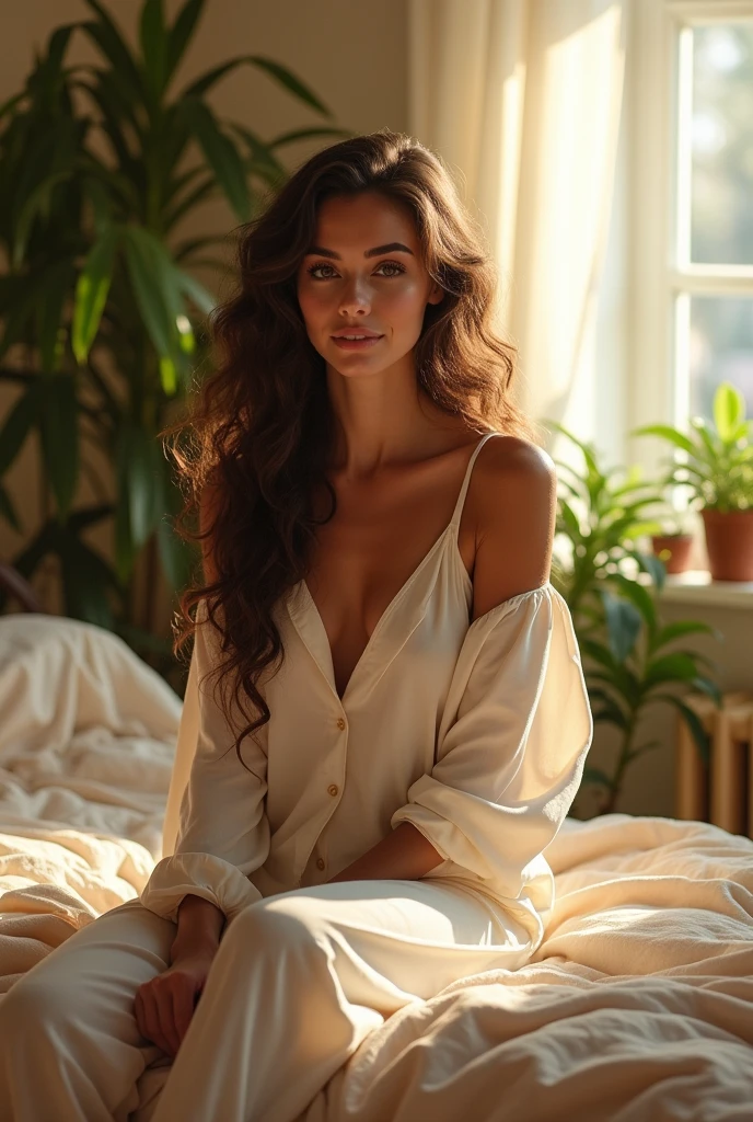 (photorealism:1.2), beautiful woman, sitting on bed, wearing loose off-shoulder top, pajama pants, long curly hair, indoors, soft lighting, plants in background, window with sunlight, cozy room, relaxed pose, realistic, intricate details, warm colors, by Greg Rutkowski, by Alphonse Mucha