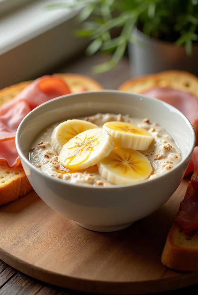OAT BOWL WITH YOGURT, BANANA SLICES AND 2 SLICES OF BREAD WITH EGG AND HAM