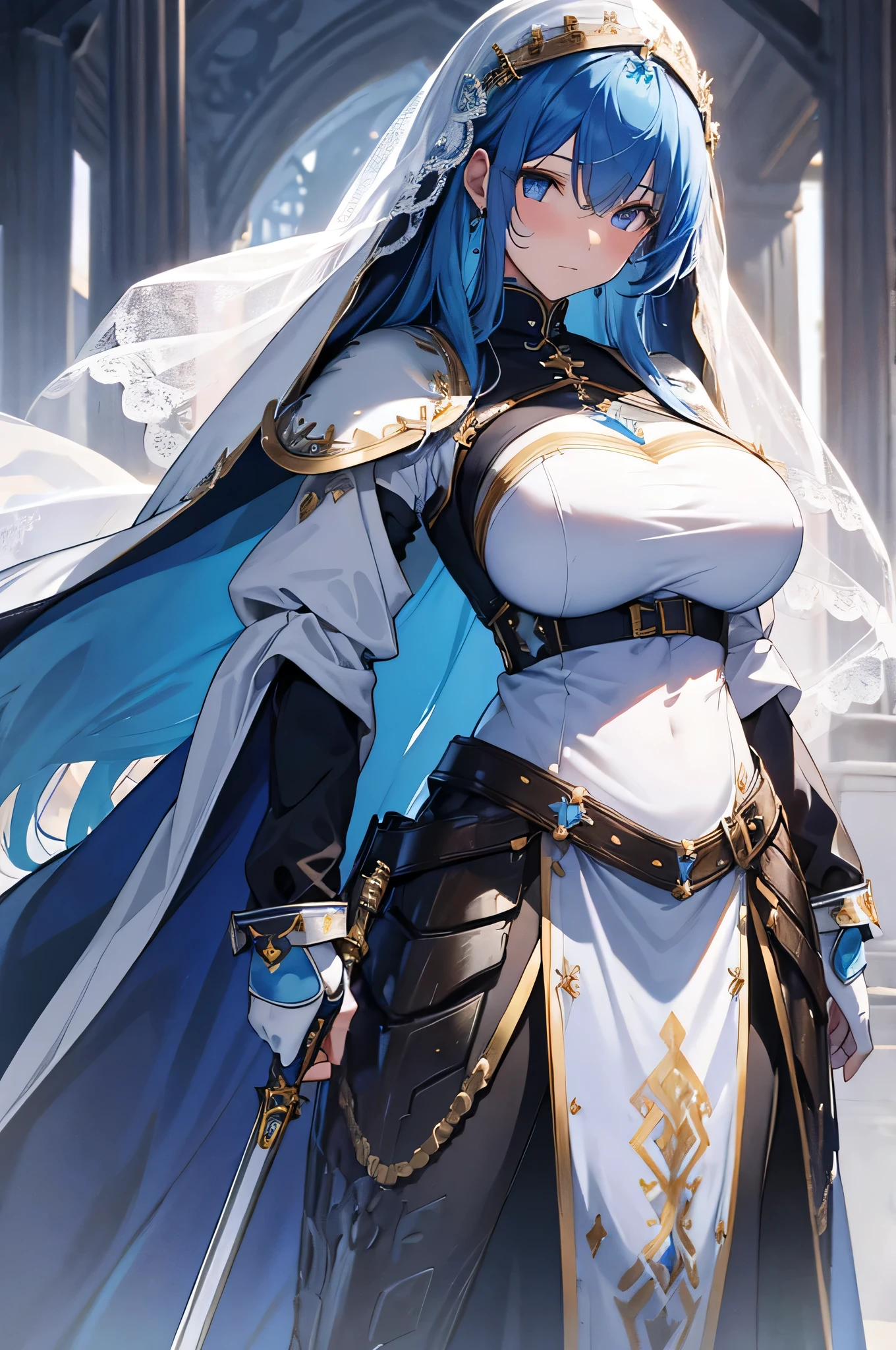 4K,High resolution,One Woman,Blue Hair,long hair,,Nuns,White plate armor,Heavy Armor,Full Armor,White veil,Jewelry decoration,Long sword,Medieval town