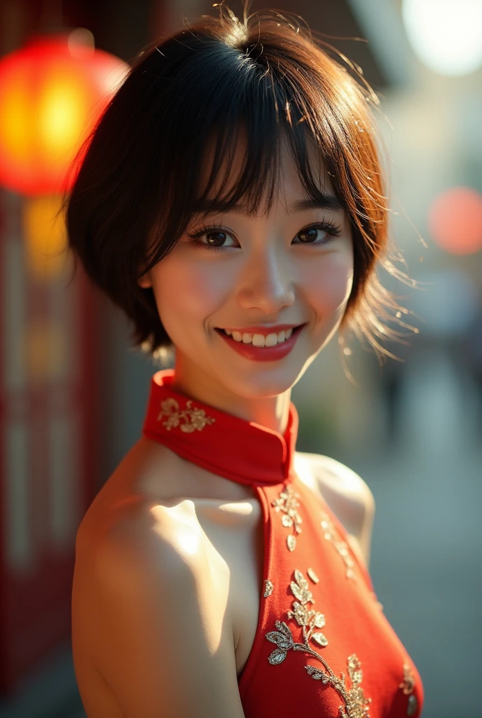 Masami Nagasawa smiles in a cheongsam.,(Model shooting style), Lonely, Shiny Hair、 Extremely rich facial detail, Beautiful Eyes, bright, Lonely Eyes, Stunning beauty, (Rembrandt Lighting), ARRI Lenses, Surreal, (Skin with attention to detail:1.2),8k,ARRI ALEXA 35,(Highest quality,8k,uhd,Best image quality,masterpiece),One beautiful woman,(alone:1.1)、Perfect beautiful composition、(Breasts so big that they almost burst:1.1)、(Exactly:1.1)、(Accentuate your body lines:1.1)、(Very short hair:1.1)、Slender body、(Boldly exposing her beautiful thighs:1.2)、(Photo on the buttocks:1.2)、(Blurred Background:1.1)、(A strongly blurred cityscape of Showa era in the background:1.1),Near-blur,Lens flare,Sparkle Effect,Perfect body, Sexy expression, Highly detailed art photograph, Bold Pose,lustrous,Seductive aura,Vivid Rouge,Open underwire cups