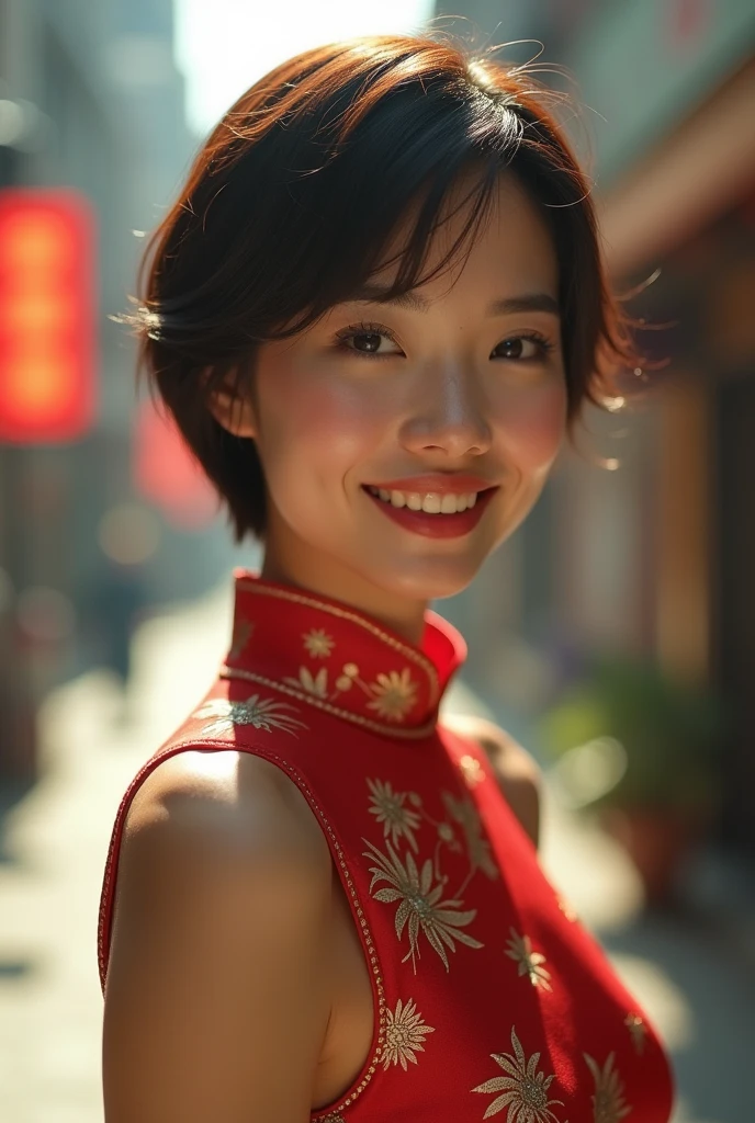 Masami Nagasawa smiles in a cheongsam.,(Model shooting style), Lonely, Shiny Hair、 Extremely rich facial detail, Beautiful Eyes, bright, Lonely Eyes, Stunning beauty, (Rembrandt Lighting), ARRI Lenses, Surreal, (Skin with attention to detail:1.2),8k,ARRI ALEXA 35,(Highest quality,8k,uhd,Best image quality,masterpiece),One beautiful woman,(alone:1.1)、Perfect beautiful composition、(Breasts so big that they almost burst:1.1)、(Exactly:1.1)、(Accentuate your body lines:1.1)、(Very short hair:1.1)、Slender body、(Boldly exposing her beautiful thighs:1.2)、(Photo on the buttocks:1.2)、(Blurred Background:1.1)、(A strongly blurred cityscape of Showa era in the background:1.1),Near-blur,Lens flare,Sparkle Effect,Perfect body, Sexy expression, Highly detailed art photograph, Bold Pose,lustrous,Seductive aura,Vivid Rouge,Open underwire cups