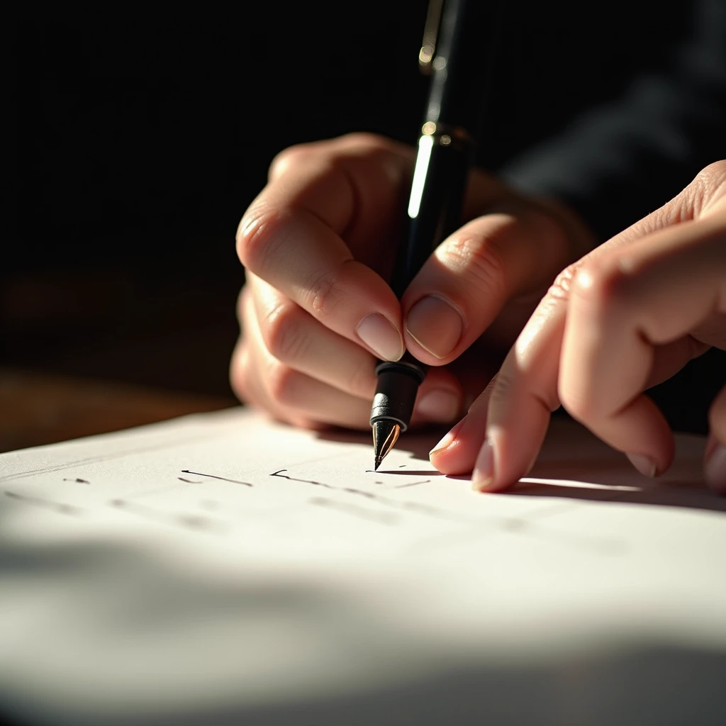 Close-up of Hands, a writer hand writes on paper, the pen tip glides across the surface, leaving ink marks. Use soft side lighting to highlight the contour of the hand and the texture of writing, Beautiful cinematic lighting, RAW photo, color graded, dynamic movement, (captivating chiaroscuro:0.1), award-winning, cinematic still, emotional, vignette, dynamic, vivid, (masterpiece, best quality, photorealistic, Professional, perfect composition, very aesthetic, absurdres, ultra-detailed, intricate details:1.3)