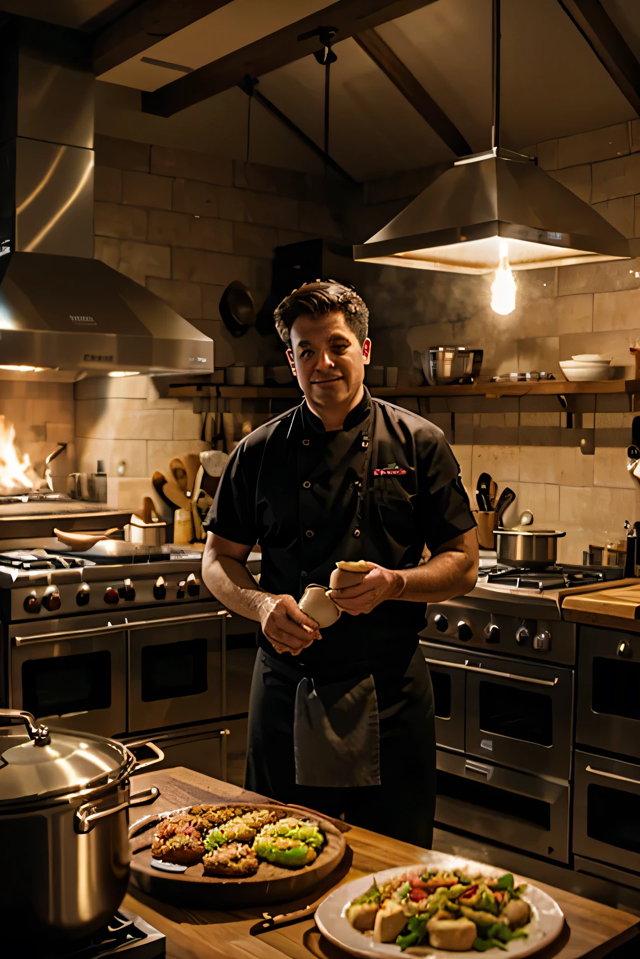 A chef in front of his kitchen with lots of food, fire in the pots and other cooks behind him.