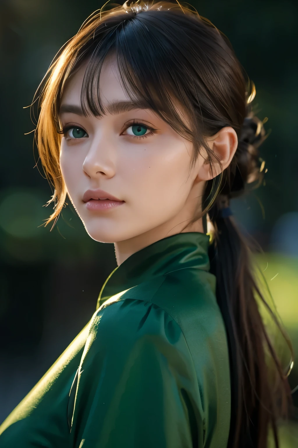 Oval jaw, beautiful face, long bangs, pony tail, bright green eyes , glowing skin, beautiful face, in the dark , in the dark, deep shadows,