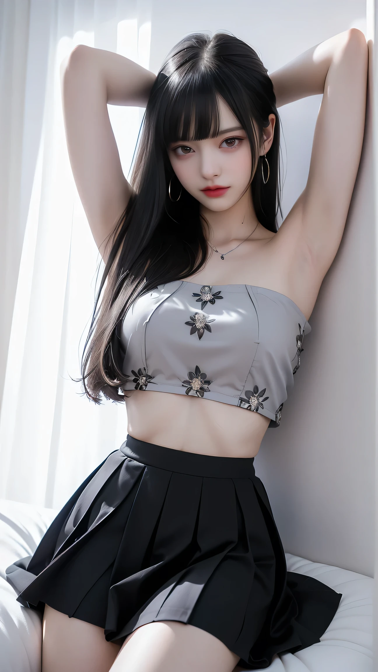 40k、photograph、、Highest quality、(1. Beautiful eyes、Light Hair、White skin、Mr.. Escape.々tracing、((Mid-chest、:1.1))、Highest quality、Tabletop、Ultra-high resolution、(Genuine:1.4)、RAWphotograph、(Perfect figure)、(slim、:1.3)。 3)、Slim abdomen、((Blonde woman)),((Straight bangs、Princess Bang)),((Very heavy、Voluminous bangs:1.1)),((very long、Very heavy、Very voluminous side locks:1. 1))、Hime cut、Straight bangsヘアスタイル、Long Hair、The bangs are cut straight、(masterpiece、Highest quality:1. 5), (ultra detailed 8k cg:1.4), (surreal:1.25), (Realistic:1.25), (Genuine:1.4), Cowboy Shot, (View from above:1.35), (from the front:1.4), (smile:1.3)、。 1 Japan Beautiful Girl、19 years old、supermodel、Japanese Idols、(smile)、(Medium sized breasts)、Sweating muscles、(Off the shoulder semi-transparent white maid outfit:1.4)、Cowboy Shot (Black and white monochrome maid outfit.1), (Lying in bed 1.4), (Lying on your back 1.1), (Head resting on a pillow.1), (Full Body Shot), ((Flower patterned panties visible against a white background))、8k、Highest quality、(Genuine、Genuineism:1.37)、Highest quality、beautiful、Pensive expression、charm、Captivating appearance、Blue eyes、Light skin tone)((Dynamic tracing))、((セクシーなtracing))、((Raise your arms、Underarm))、(top down:1.2)、Heterochromatic pupils,Silver Haired Girl,Free high resolution,Off the shoulder,Heterochromatic pupil,Silver Haired Girl,Wallpaper HD,Off the shoulder、((Nipples))、(Puffy eyes:1.2)、 (Slim legs),(Light on face and chest)、(((((Under the chest)))))、Under the chest、Oily skin、thin、 (Under the chest側がわずかに見えている),(The underboob is visible、I can see my belly button and ribs)、Waist and lower abdomen are visible、black flared skirt、(Please lift your skirt)、Small black underwear visible.