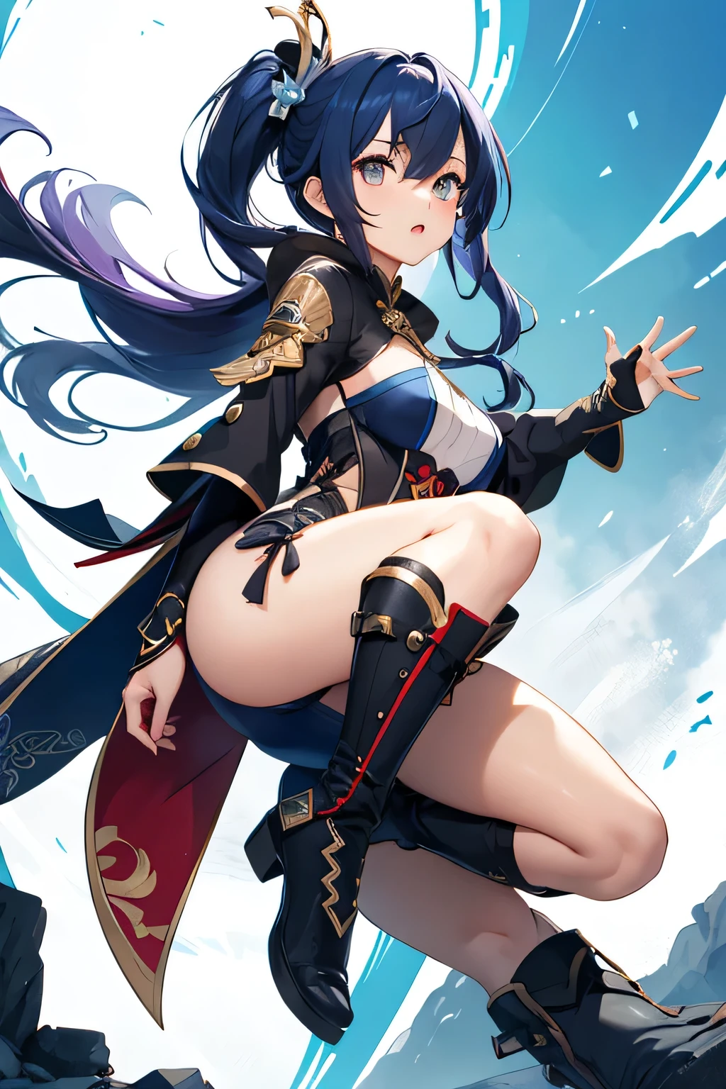 front、whole body、Girl、Long hair with blue and red hair、Genshin Impact、China、boots