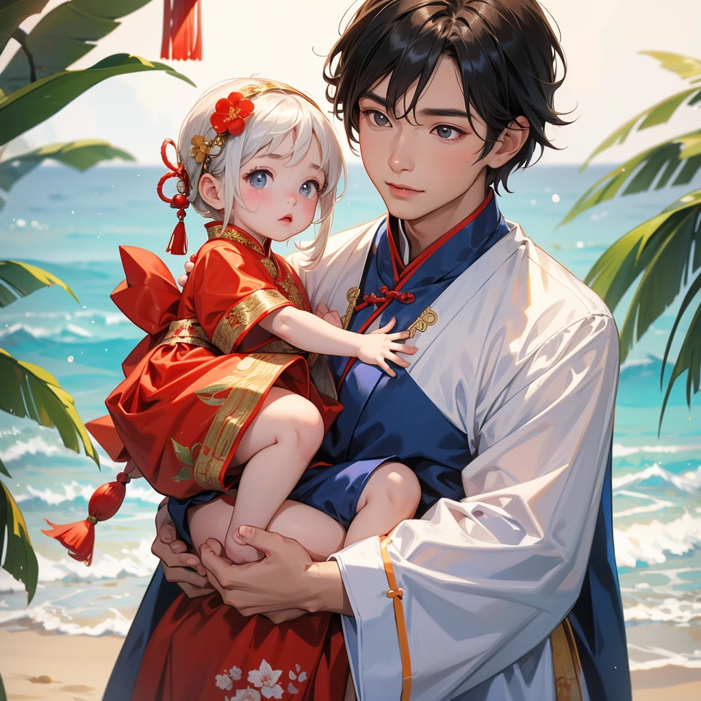 A one-year-old baby boy in an ancient Chinese baby costume with his beautiful mother, dressed in an ancient Chinese costume, at the beach, playing with each other, with his handsome father standing next to his mother, close up