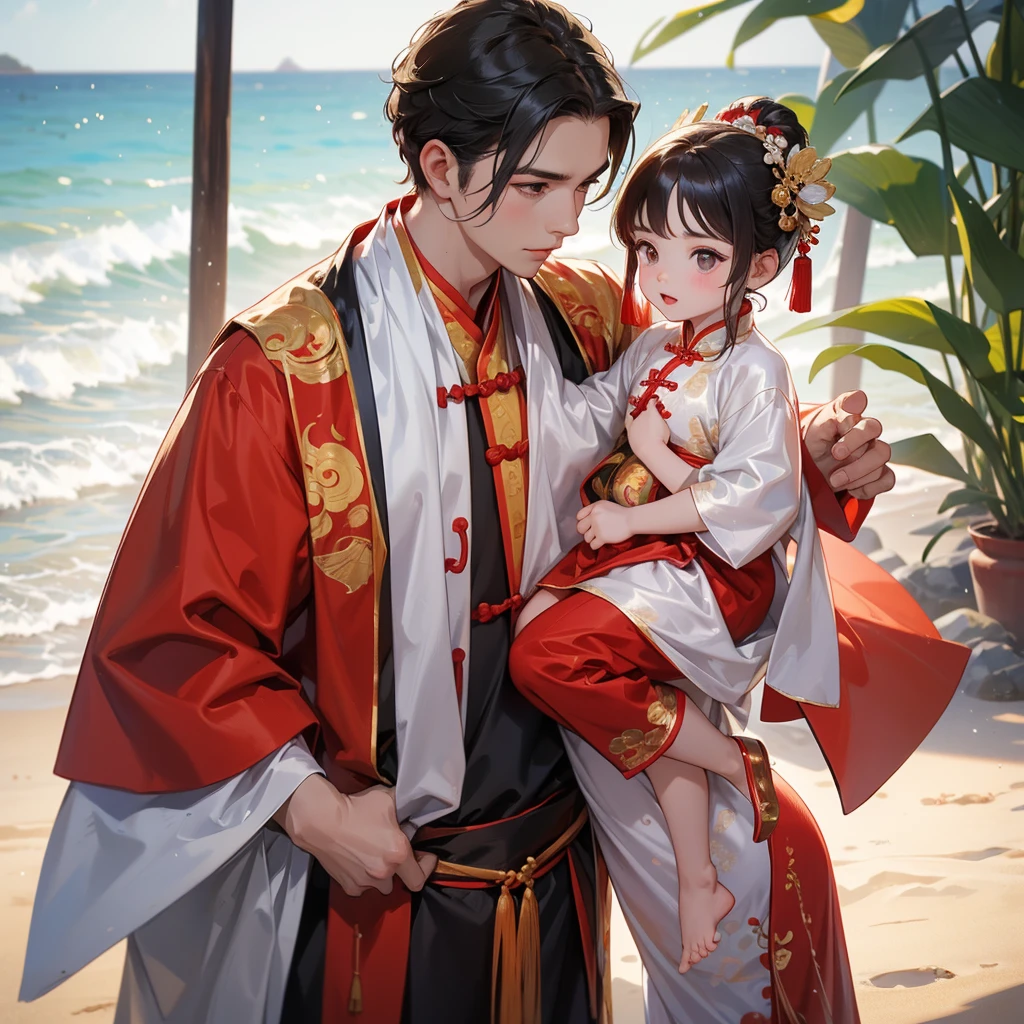 A one-year-old baby boy in an ancient Chinese baby costume with his beautiful mother, dressed in an ancient Chinese costume, at the beach, playing with each other, with his handsome father standing next to his mother, close up