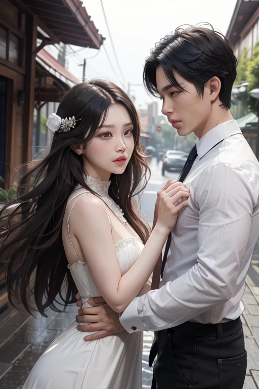 Novel cover, man and women hold the hand look at each other in one frame, a bit sad emotion, raining background, white skin, black hair, 
beautiful woman, long hair woman, perfect ratio, little sexy, รายละเอียดสูง, ภาพคมชัด, ผู้ชายผมสั้นสีน้ำตาล, มุมมองระยะไกล