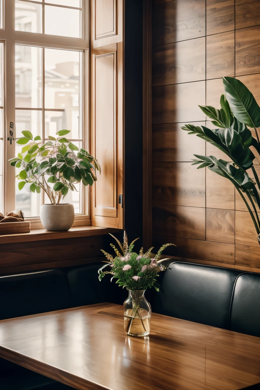 a cozy cafe interior, detailed wooden tables and chairs, warm ambient lighting, barista making coffee, freshly baked pastries on display, large windows overlooking a city street, scattered potted plants, light streaming through the windows, people sitting and chatting, (best quality,4k,8k,highres,masterpiece:1.2),ultra-detailed,(realistic,photorealistic,photo-realistic:1.37),intricate details,warm color tones,elegant and inviting atmosphere