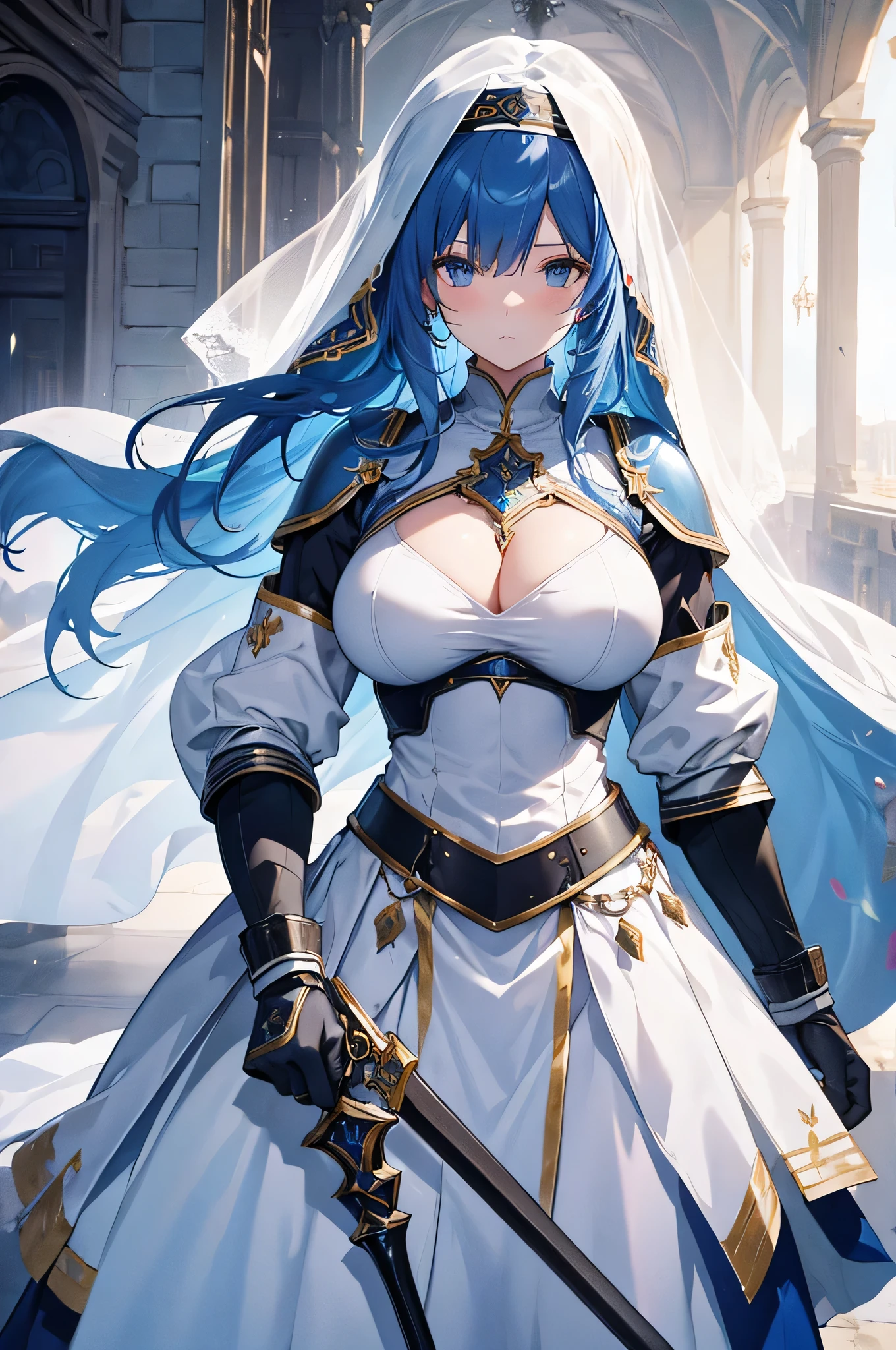 4K,High resolution,One Woman,Blue Hair,long hair,Big Breasts,Nuns,White plate armor,Heavy Armor,Full Armor,White veil,Jewelry decoration,Long sword,Medieval town