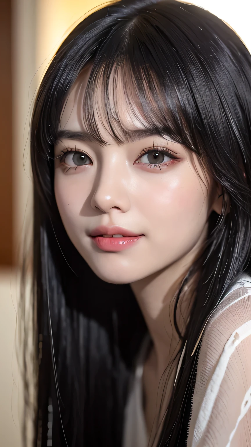 (8k, to be born, Realistic: 1.25), ((striped white hairs)), (Thin lip gloss, Thin eyebrows, eyelash, Tear bags, Sharp bangs, Shining Face, Glowing Skin, Highest quality, Ultra-high resolution, Written boundary depth, chromatic aberration, Caustics, Wide Lighting, Natural Shading, K-POPアイドル) Glasses, Calm, Gather the hair with your hands, Long Hair, smile, Small devil, Inside the house