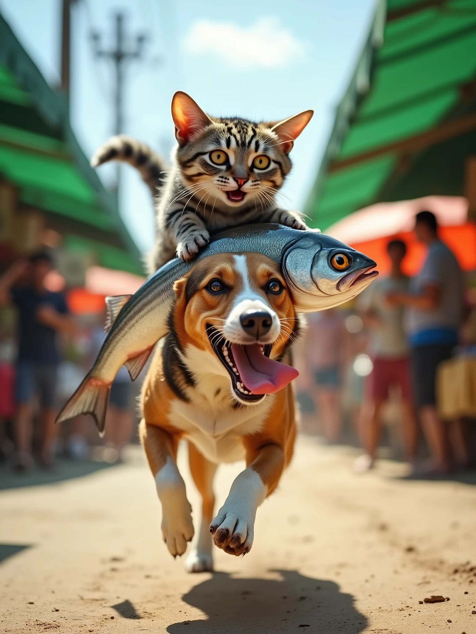 Side view, realistic, A dynamic and humorous scene in a lively outdoor market. A brown and white dog is sprinting with great speed, its tongue out in excitement. On the dog's back is a grey tabby cat with wide eyes and an open mouth, holding tightly onto a large, shiny fish. The cat appears both thrilled and surprised, as if it just made a daring escape. The background features market stalls with green canopies, and a few people are looking on in surprise, adding to the lively atmosphere of the market setting. The overall tone is playful and adventurous
