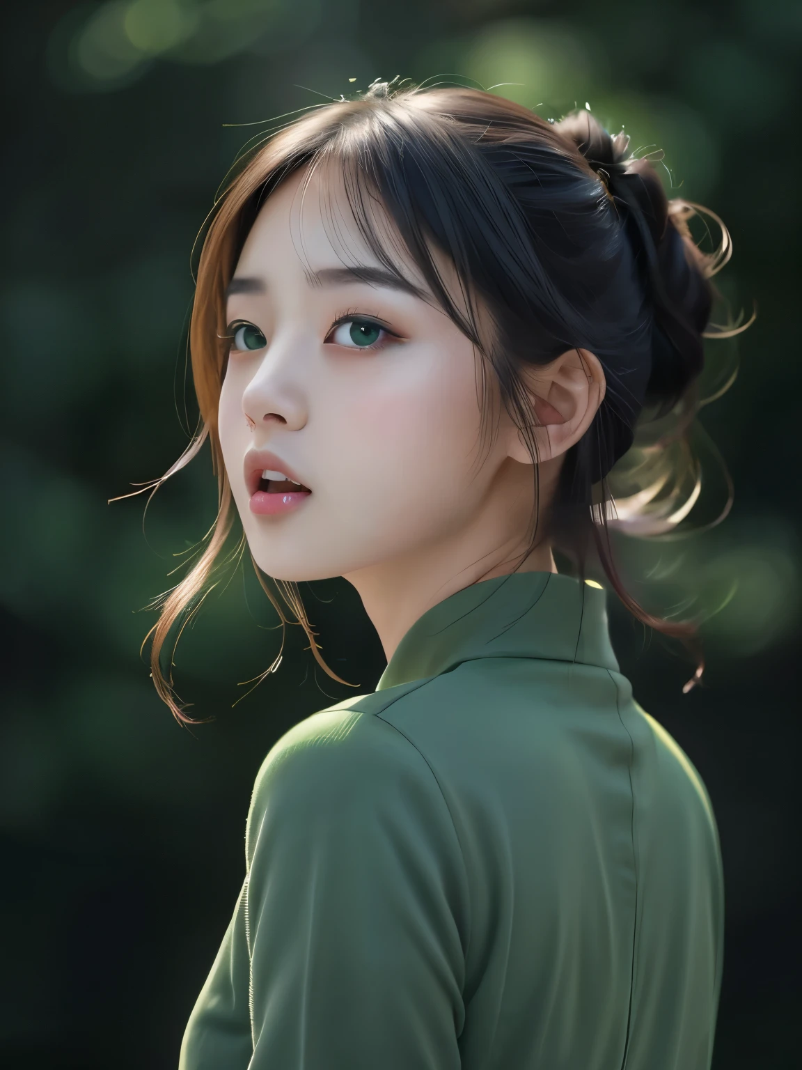 (8k, high resolution, best quality, masterpiece:1.2)、1 Japan Girl, cute, healthy, natural makeup, Open your mouth and speak, The background is a deep, solid green.. Look far away
