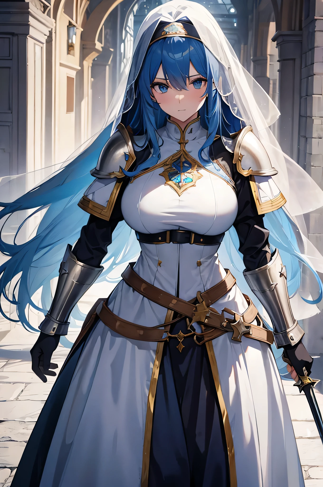 4K,High resolution,One Woman,Blue Hair,long hair,Big Breasts,Nuns,White plate armor,Heavy Armor,Full Armor,White veil,Jewelry decoration,Long sword,Medieval town