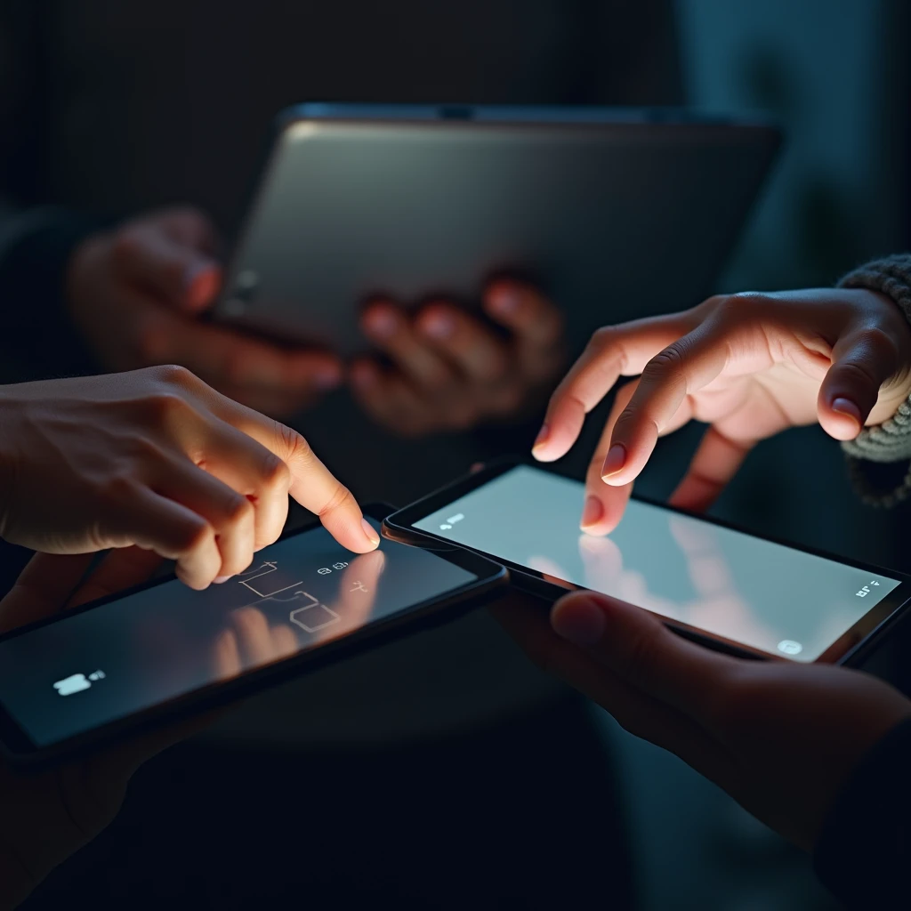 Close-up of Hands, A close-up of modern people's hands using tablets, showcasing the way technology interacts with humans. Use positive lighting to capture screen reflections and hand contours, Beautiful cinematic lighting, RAW photo, color graded, dynamic movement, (captivating chiaroscuro:0.1), award-winning, cinematic still, emotional, vignette, dynamic, vivid, (masterpiece, best quality, photorealistic, Professional, perfect composition, very aesthetic, absurdres, ultra-detailed, intricate details:1.3)