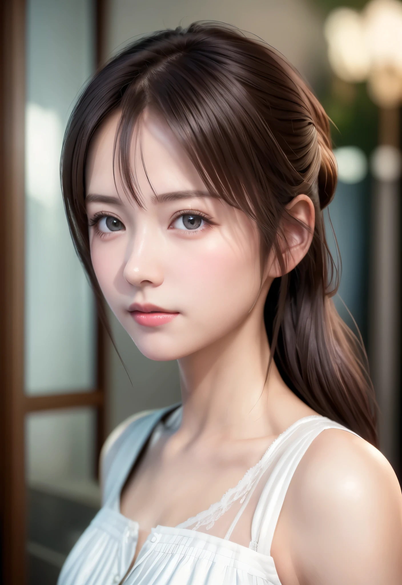 8K, of the highest quality, masutepiece:1.2), (Realistic, Photorealsitic:1.37), of the highest quality, masutepiece, Beautiful young woman, Pensive expression,、A charming、and an inviting look, Cute Maid Clothes, Hair tied back, Cinematic background, Light skin tone
