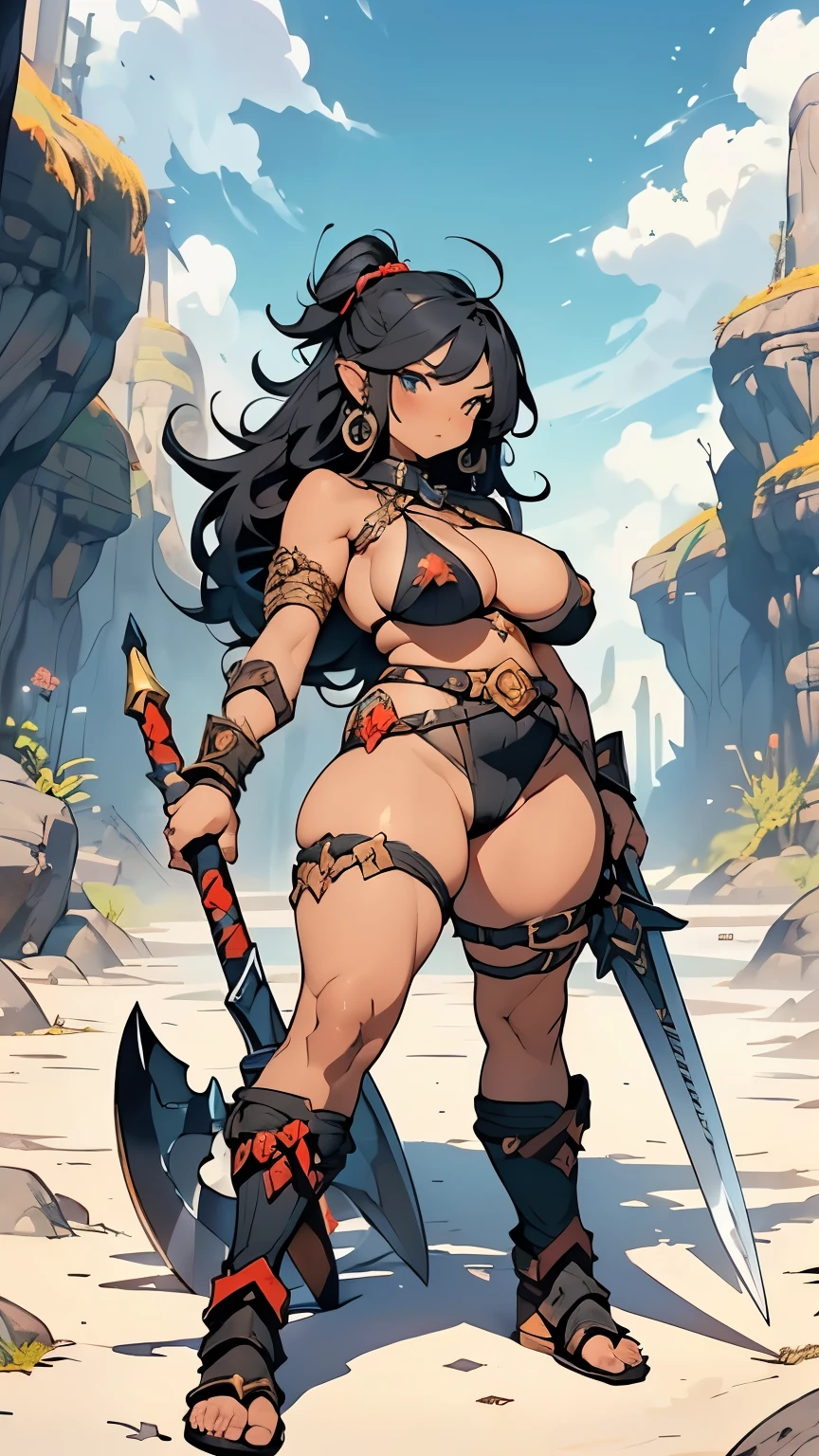 Black Hair、(A dwarf girl warrior stands with a large spear.)、(Huge )、(Underboob、Sideboob)、Blue Bikini Armor、Camel ti、he is short)、glamorous、curve、Wide Hips、Thick thighs)、(NSFW)、(Many colorful jewels)、(Inside the cave)、(Giant Axe)