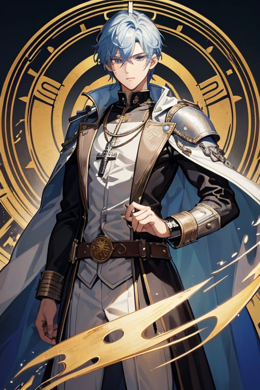 The 30-year-old Steampunk priest has short, messy silver-blue hair and eyes of the same color. He is a tall, muscular man, wearing a Steampunk Holy Knight robe with a cross on his chest, wearing a golden crucifix necklace looking directly at the viewer white background