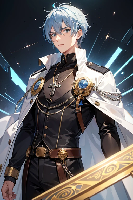The 30-year-old Steampunk priest has short, messy silver-blue hair and eyes of the same color. He is a tall, muscular man, wearing a Steampunk Holy Knight robe with a cross on his chest, wearing a golden crucifix necklace looking directly at the viewer white background