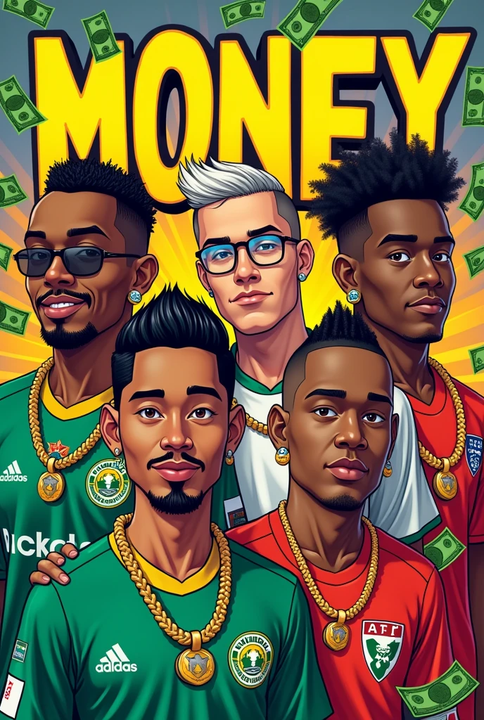 A logo with the name money, with several dollar bills, with 4 men, a tanned, slightly chubby man with glasses, another white and skinny guy, another brunette, thin and tall, and the other brown one, all of them with earrings and a mohawk haircut. the chubby one with the Palmeiras team shirt, the thin white one with the AL Hilal team shirt, and the tall thin dark-skinned one with the Vasco shirt, and the brown one with the Flamengo shirt, and all of them with golden cord necklaces.