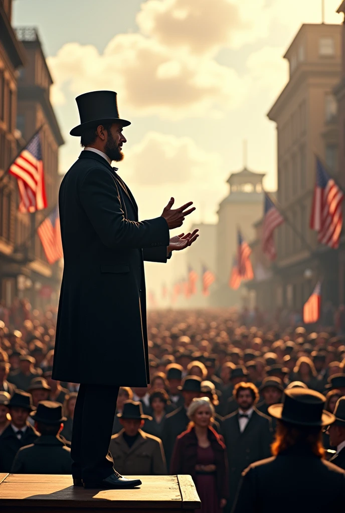 Abraham Lincoln in a speech with thousands of people