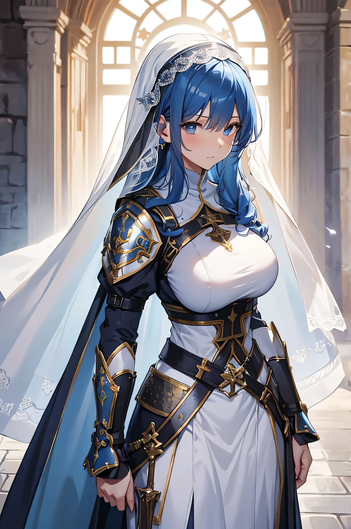 4K,High resolution,One Woman,Blue Hair,long hair,Big Breasts,Nuns,White plate armor,Heavy Armor,Full Armor,White veil,Jewelry decoration,Long sword,Medieval town