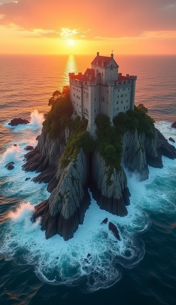 Masterpiece,High resolution,Best composition,Dynamic composition,Bird's eye view,Summer sea view,There is a reef,An old European castle is built on the reef,Waves crash on the reef,Sunset falls on the side of the reef,Orange tinted sky and sea.