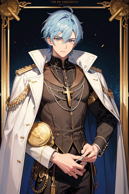 The 30-year-old Steampunk priest has short, messy silver-blue hair and eyes of the same color. He is a tall, muscular man, wearing a Steampunk Holy Knight robe with a cross on his chest, wearing a golden crucifix necklace looking directly at the viewer white background