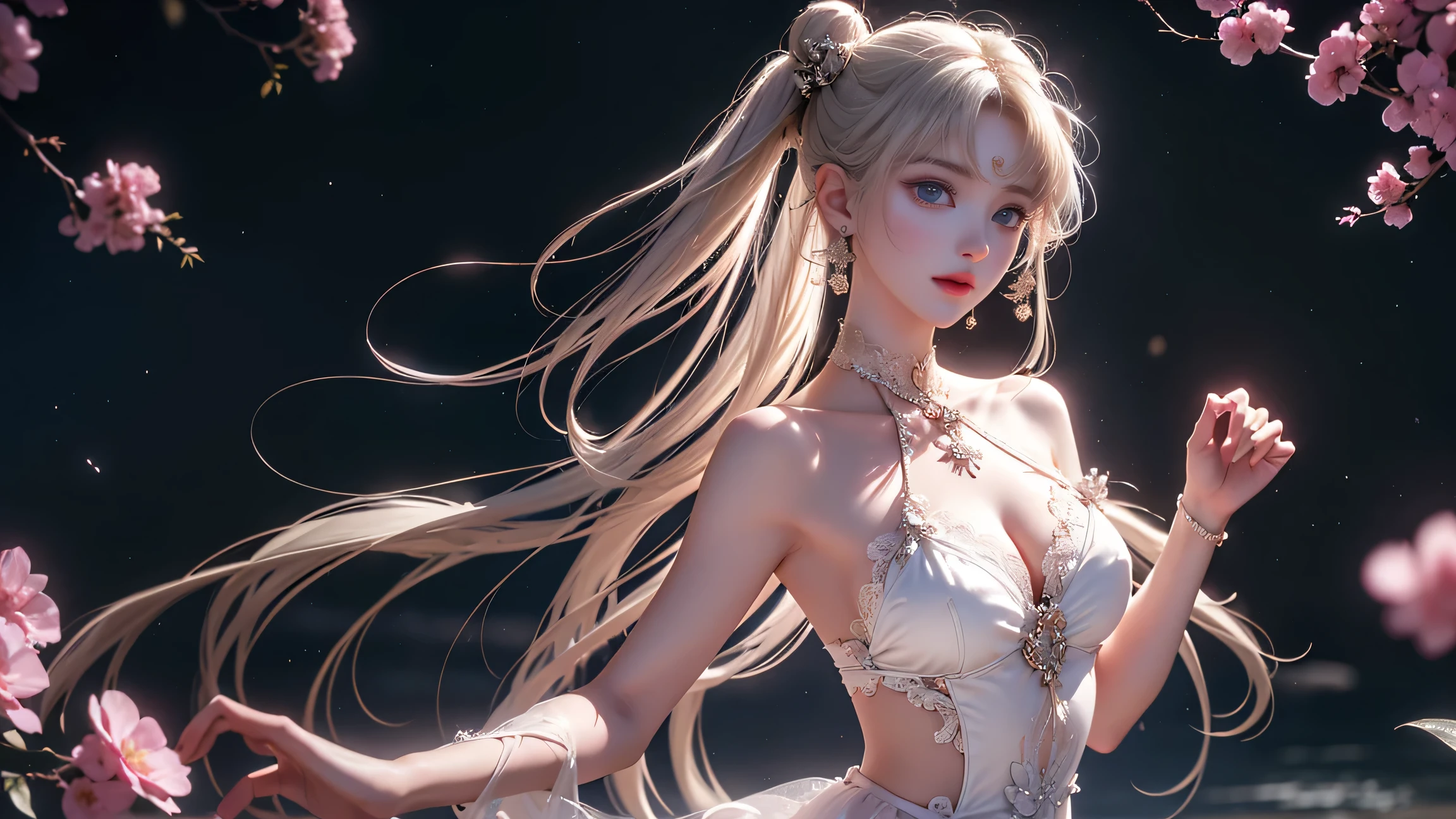 "An ultra-detailed, CG masterpiece featuring an extremely delicate and beautiful girl wearing bunny ears. She reveals her stunning cleavage, armpits, and navel while decadently being covered in suggestive fluid. Best quality and high-resolution with dynamic angles to capture the magical moment."