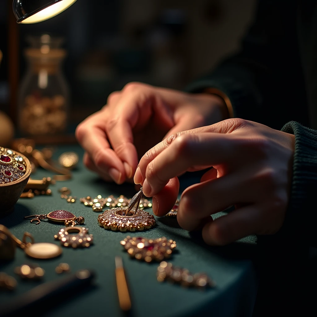 Close-up of Hands, a jeweler's hand carefully crafting jewelry, capturing subtle movements on the hand and the luster of the jewelry. Using side lights and macro lenses to showcase the delicacy of jewelry and the dexterity of hands, Beautiful cinematic lighting, RAW photo, color graded, dynamic movement, (captivating chiaroscuro:0.1), award-winning, cinematic still, emotional, vignette, dynamic, vivid, (masterpiece, best quality, photorealistic, Professional, perfect composition, very aesthetic, absurdres, ultra-detailed, intricate details:1.3)