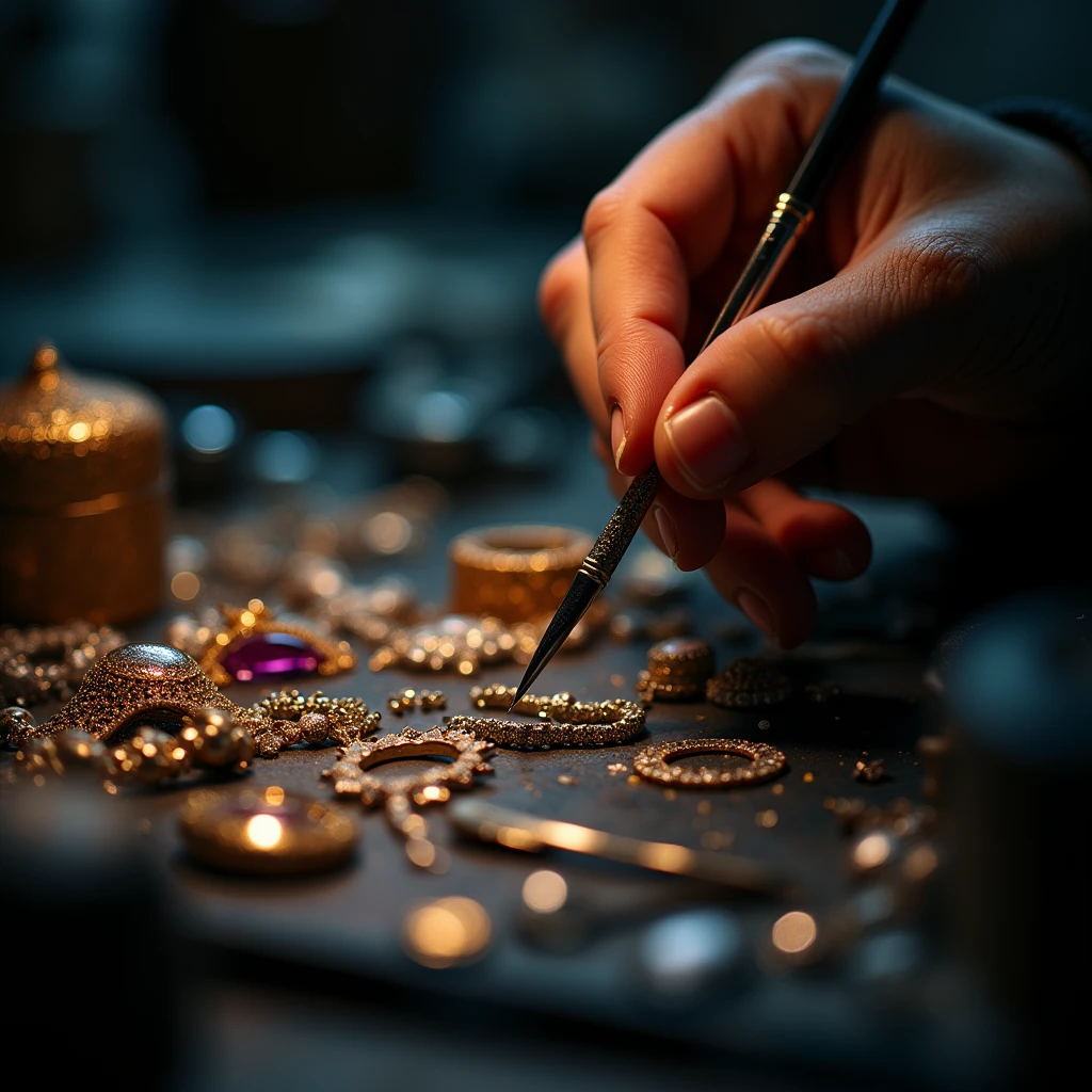 Close-up of Hands, a jeweler's hand carefully crafting jewelry, capturing subtle movements on the hand and the luster of the jewelry. Using side lights and macro lenses to showcase the delicacy of jewelry and the dexterity of hands, Beautiful cinematic lighting, RAW photo, color graded, dynamic movement, (captivating chiaroscuro:0.1), award-winning, cinematic still, emotional, vignette, dynamic, vivid, (masterpiece, best quality, photorealistic, Professional, perfect composition, very aesthetic, absurdres, ultra-detailed, intricate details:1.3)