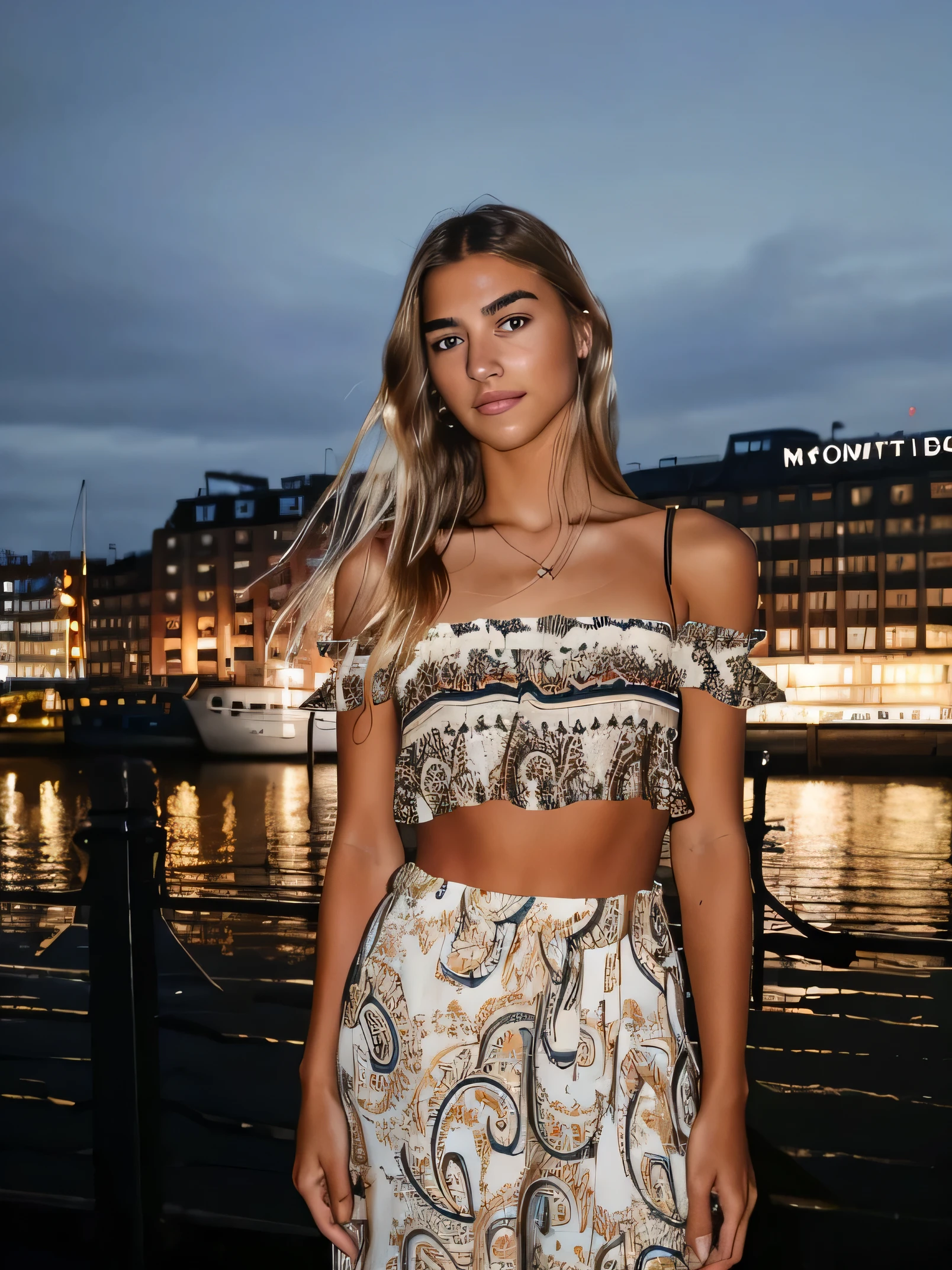 (RAW Photo), DSLR,F/1.2, a young woman wearing Paisley print off-the-shoulder top and flowy maxi skirt ,decade,nettop,hair put up,Frosted Apricot Almond colored hair,realistic skin, skin imperfections, (real skin:1.1), ((tan skin)), (detailed skin), stunning, perky , DOF, full body, looking at camera, sexy, seductive, intense look, visible face , natalee,night, imperfections, , realistic background, detailed background, in hamburg