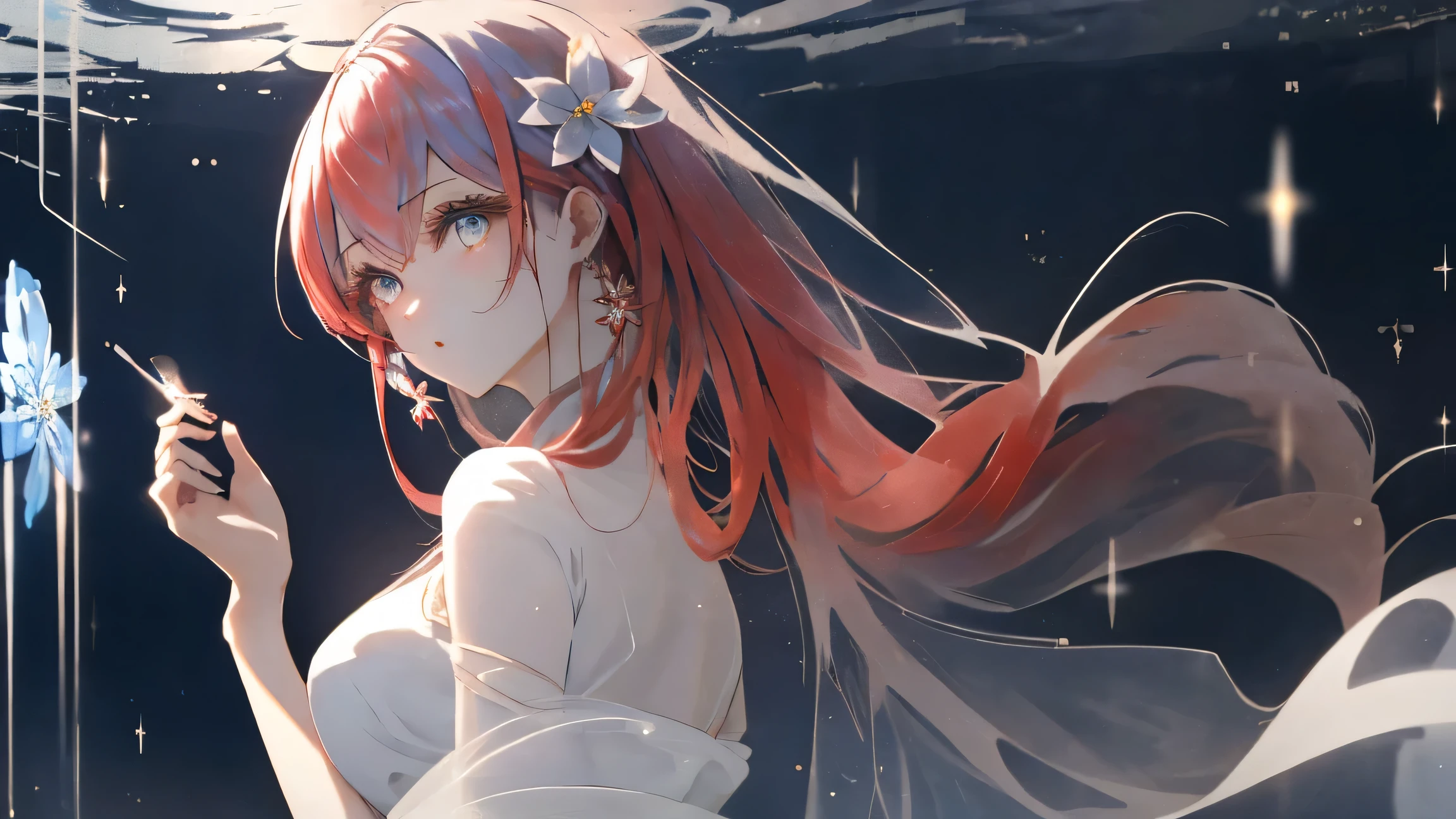 A beautiful anime-style woman with red hair in a ponytail, wearing a white, ethereal dress that flows elegantly. She stands gracefully, taking up the full scene in a 16:9 ratio. The background should complement her mystical appearance, perhaps with soft, dreamy lighting or a gentle fantasy landscape, ensuring that she remains the focal point of the illustration. Use "quartz" model and enhance the details with LoRAs "beautiful detailed eyes" and "Dazzling Flowers/Midjourney quadratic/midjourney anime style Lora".