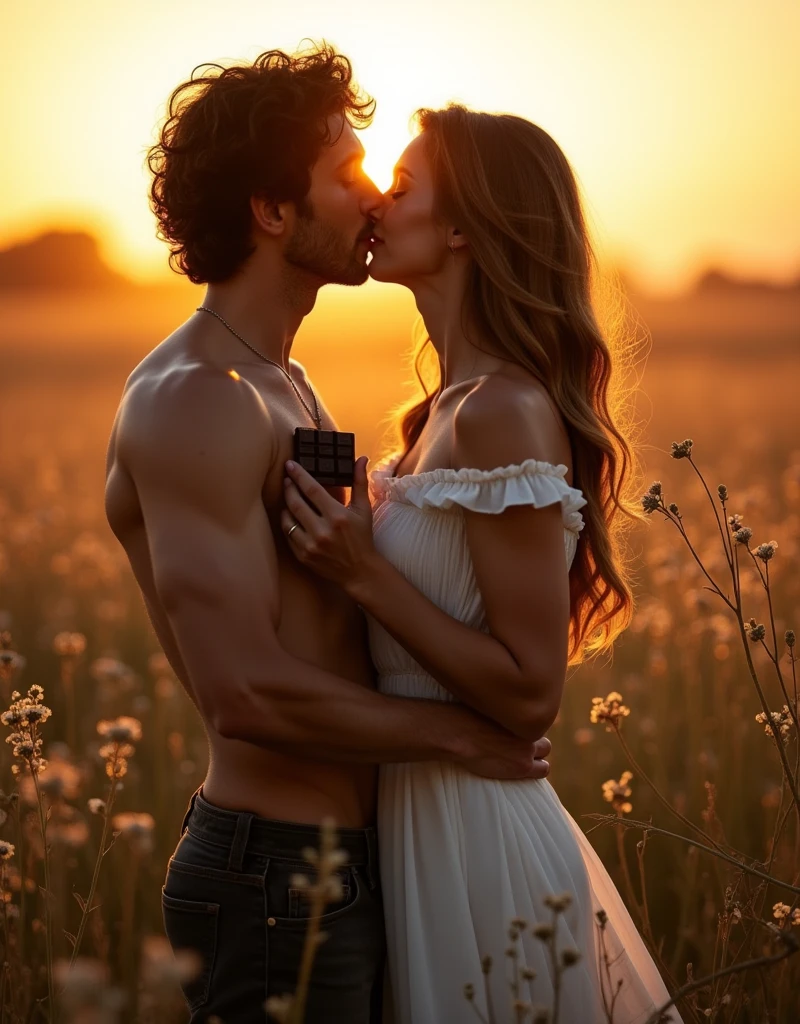 "Create an image of a handsome, captivating couple at dawn, sharing a passionate kiss that radiates warmth and connection. The man and woman should both be incredibly attractive, with their faces softly illuminated by the golden morning light. Each holds a piece of rich, dark chocolate in their palms, symbolizing a shared moment of indulgence and intimacy. The scene should evoke a sense of desire and fantasy, with the chocolate enhancing the romantic atmosphere. The setting is elegant and serene, highlighting the beauty and sensuality of the moment."