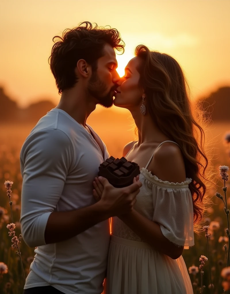 "Create an image of a handsome, captivating couple at dawn, sharing a passionate kiss that radiates warmth and connection. The man and woman should both be incredibly attractive, with their faces softly illuminated by the golden morning light. Each holds a piece of rich, dark chocolate in their palms, symbolizing a shared moment of indulgence and intimacy. The scene should evoke a sense of desire and fantasy, with the chocolate enhancing the romantic atmosphere. The setting is elegant and serene, highlighting the beauty and sensuality of the moment."