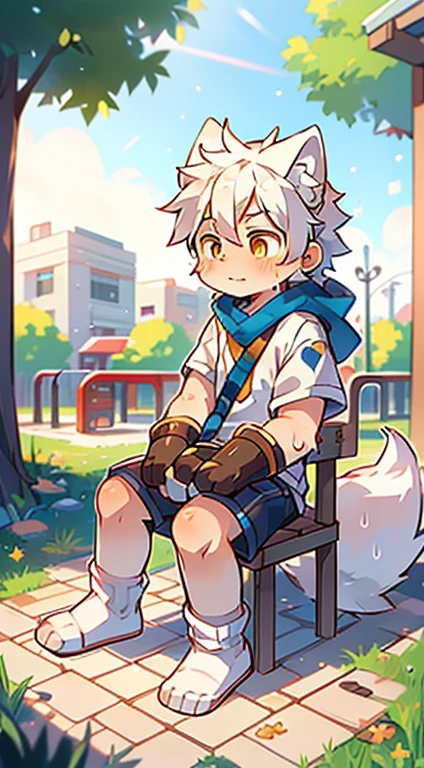 Unique,cannon,arctic fox,male,hairy,best quality,Shota,human nature,paw,hairy的尾巴,White socks,Golden Sun Rune,Lovely,sit down,Sparkling golden eyes,playground,Sweating,Looks tired,White diapers
