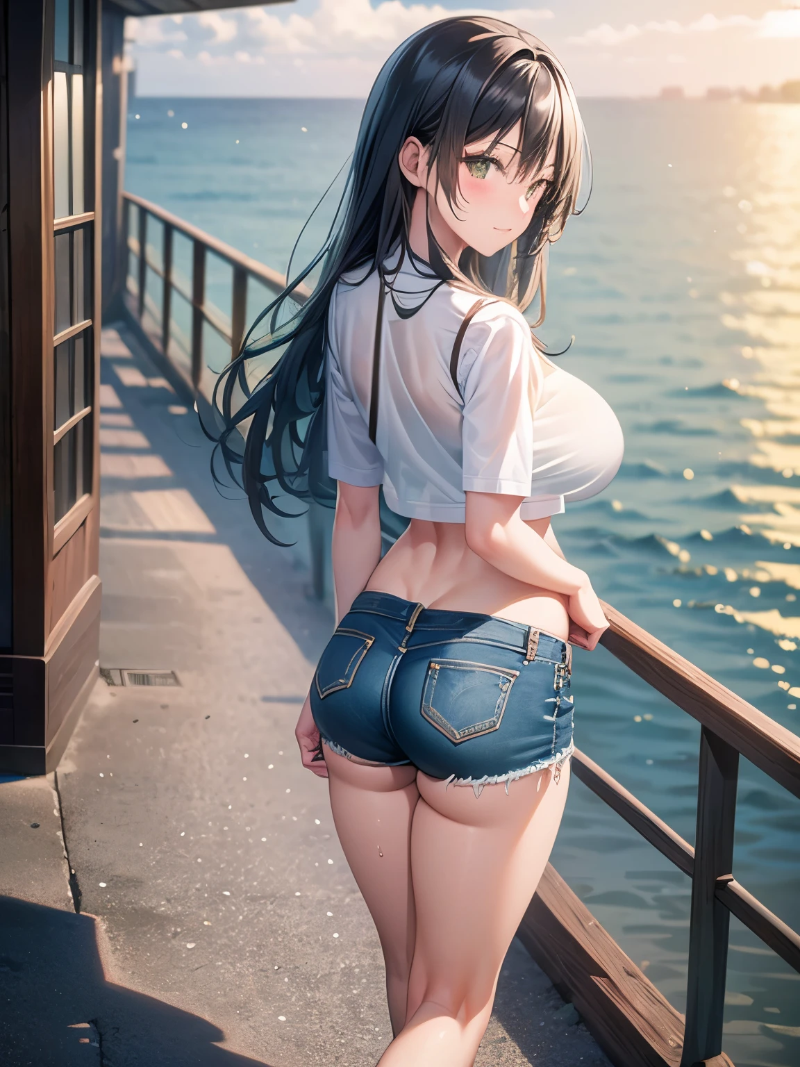 Damaged Denim Shorts　green、Black　Pantyhose、Rose print red bra　See-through wet shirt、Big Breasts、Beautiful feet、smile、Black Hair　long hair、Sunset　Seaside town、Are standing　Butt　Looking back、Belly button　Firm stomach