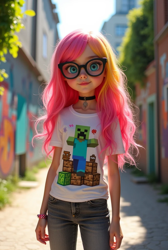 A girl with long pink and yellow hair, glasses, blue eyes, a Minecraft shirt, long grey jeans and black boots