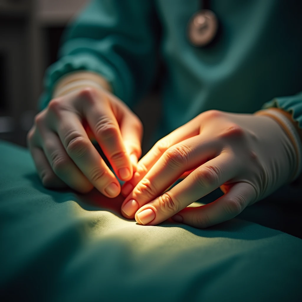 Close-up of Hands, a doctor or a nurse's hand during medical procedures or comforting patients. Using warm toned lighting to convey a caring and healing atmosphere, Beautiful cinematic lighting, RAW photo, color graded, dynamic movement, (captivating chiaroscuro:0.1), award-winning, cinematic still, emotional, vignette, dynamic, vivid, (masterpiece, best quality, photorealistic, Professional, perfect composition, very aesthetic, absurdres, ultra-detailed, intricate details:1.3)